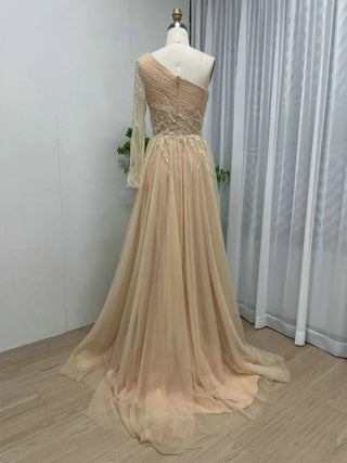 Exclusive Gold A-Line Tulle Evening Dress - One-Shoulder Shiny Sequin Gown for Birthday Parties and Wedding Guests in Dubai