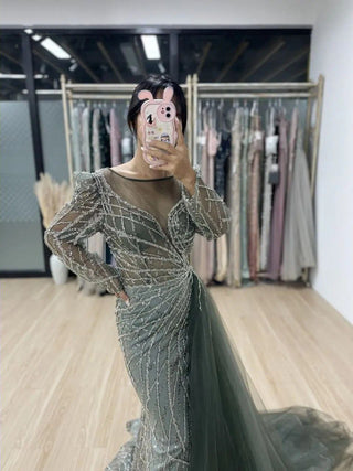 Ships in 1 to 3 Days - 2024 Muslim Gold Mermaid Evening Gown: Beaded Luxury with Dubai-Inspired Overskirt for Women's Party Elegance