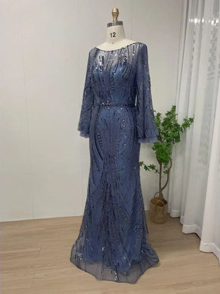 Blue Elegant Long Sleeves Mermaid Evening Dress - Beaded Scoop Neck Gown for Women’s Weddings and Parties