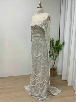 Luxury Grey High Neck Mermaid Evening Gown - Beaded Celebrity Dress with Cape and Strapless Two-Piece Set for Dubai Events