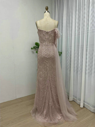 Luxurious Off-Shoulder Pink Mermaid Evening Dress - Beaded Tassel Gown with Spaghetti Straps and Side Train for Wedding Parties