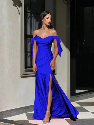 Royal Blue Off-Shoulder Satin Mermaid Gown with High Slit – Elegant Formal Dress for Weddings & Special Occasions