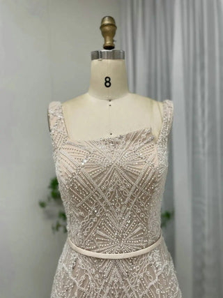 2024 Luxury Beaded A-Line Evening Dress - High Split Formal Party Gown with Exclusive Square Neck for Weddings and Prom