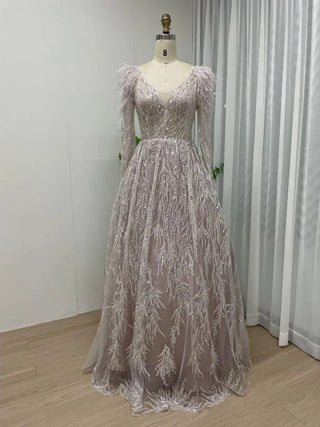 Ships in 1 to 3 Days - 2024 Gorgeous Pink Beaded Feathers Long Sleeves Mother of the Bride Dress - Elegant A-Line Evening Gown for Women’s Parties