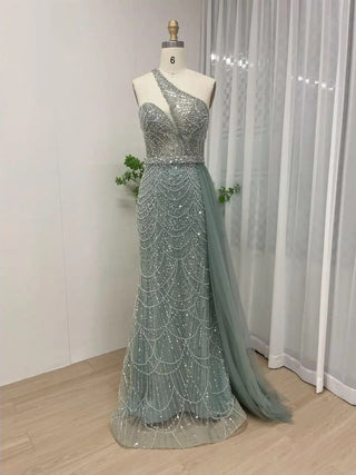 2024 Blue One-Shoulder Mermaid Evening Gown - Gorgeous Crystal Beaded Dress for Women’s Weddings and Prom