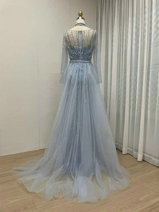 Exclusive Beaded Mermaid Evening Dress with High Split and Removable Train - Elegant Long Sleeves Dubai Wedding Party Gown