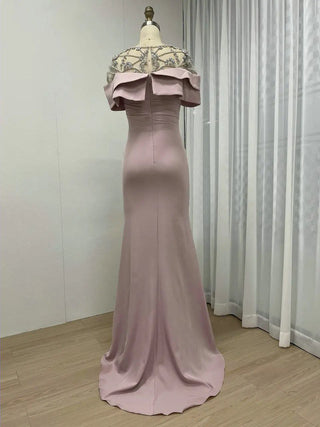 Pink Modest Mermaid O-Neck Satin Evening Gown - Crystal Rhinestones Short Sleeves for Women’s Wedding and Formal Parties