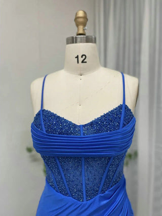 Royal Blue Spaghetti Straps Evening Gown - High Slit Crystal Diamonds Prom Party Dress with Lace-Up Back for Women