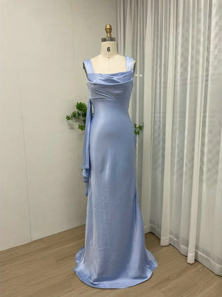 Light Blue Simple Mermaid Satin Evening Dress - Sexy Sleeveless Open Back Gown for Bridesmaids and Prom