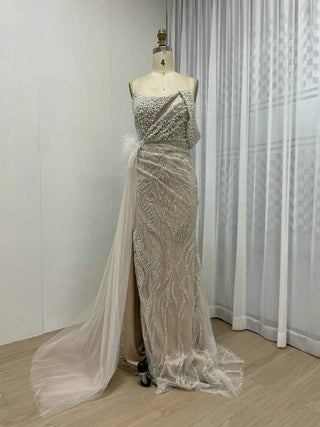 Exclusive One-Shoulder Mermaid Evening Formal Dress - Luxury Beaded Feathers with High Slit for Wedding Guests