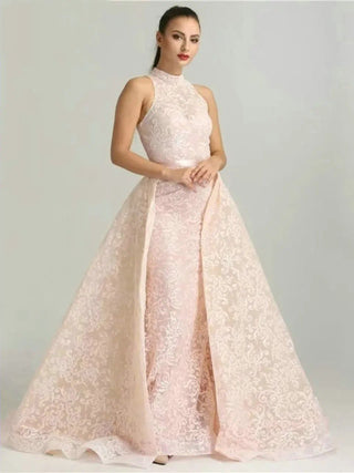 Pink Saudi Sleeveless Mermaid Evening Gown - Sexy High Neck Beaded Lace Dress with Overskirt for Luxury Parties