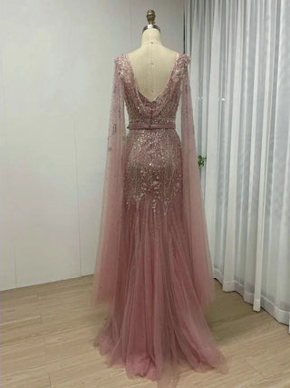 Ships in 1 to 3 Days - Exclusive Pink Arabic Evening Gown - Gorgeous V-Neck Mermaid Dress with Cape Sleeves and Beading for Wedding Parties