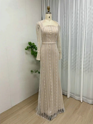 Ivory Muslim Long Sleeves Arabic Evening Dress - Luxury Beaded Mermaid Gown for Wedding Parties and Formal Events