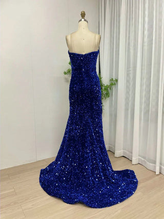 Sexy Strapless Royal Blue Prom Dress - Stunning Front Slit Bodycon Evening Gown with Shiny Sequin and Padded Design for Women