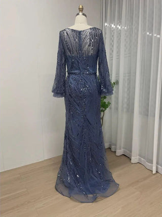 Blue Elegant Long Sleeves Mermaid Evening Dress - Beaded Scoop Neck Gown for Women’s Weddings and Parties