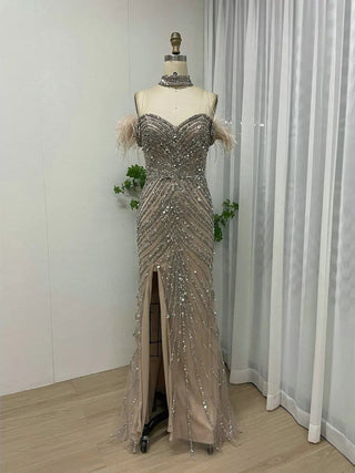 Ships in 1 to 3 Days - Nude Strapless Prom Dress - Exclusive High Split Beaded Feathers Evening Gown for Women’s Celebrity Parties in Dubai