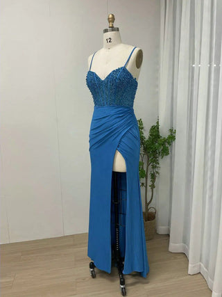 Blue Spaghetti Straps Mermaid Evening Gown - Simple High Split Beaded Satin Prom Dress with Lace-Up Back for Birthday Parties