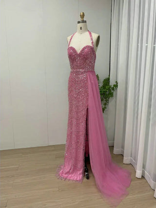 Exclusive Fuchsia Mermaid Evening Dress - High Split Halter Sweetheart Neck Gown for Arabic Weddings and Special Events