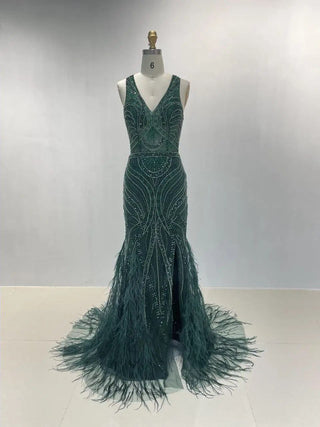 2024 Gorgeous Blue Mermaid Evening Gown - Luxury V-Neck Beaded Feathers Side Split Dress for Wedding Engagement Parties