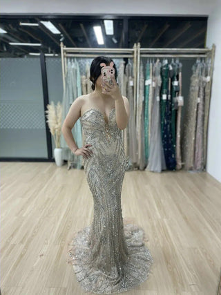 Champagne Mermaid Sleeveless Evening Gown - Luxury Strapless Backless Beaded Prom Dress for Wedding Parties in Dubai