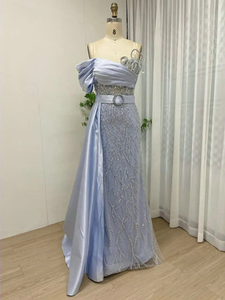 Ships in 1 to 3 Days - Blue Off-Shoulder Beaded Mermaid Evening Gown - Luxury Strapless Formal Party Dress with Long Sleeves for Wedding Guests