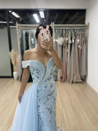 Ships in 1 to 3 Days -  2024 Blue Mermaid Evening Gown - Luxury Beaded Wedding Guest Dress with Side Train and Off-Shoulder Design for Women’s Parties