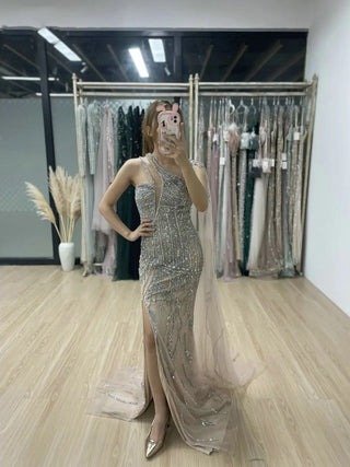 Ships in 1 to 3 Days - Stunning Beaded One-Shoulder Nude Evening Dress - Trendy Cape Sleeve High Split Gown for Wedding Guests in Dubai