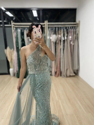 2024 Blue One-Shoulder Mermaid Evening Gown - Gorgeous Crystal Beaded Dress for Women’s Weddings and Prom