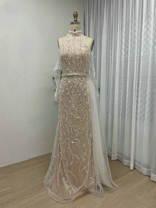 Ships in 1 to 3 Days - Sexy Nude Halter Neck Sleeveless Evening Dress - Luxury Beaded Mermaid Gown with Gloves for Arabic Wedding Guests