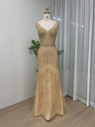 Ships in 1 to 3 Days - 2024 Sexy V-Neck Mermaid Evening Gown - Beaded Feathers Wedding Party Dress with Sleeveless Design for Red Carpet Events