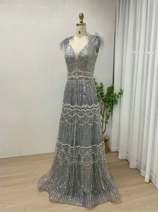 Ships in 1 to 3 Days - Dubai Sexy V-Neck Beaded Feathers Evening Gown - Luxury A-Line Wedding Party Dress for Women