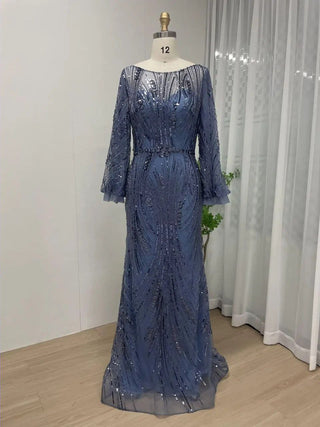 Blue Elegant Long Sleeves Mermaid Evening Dress - Beaded Scoop Neck Gown for Women’s Weddings and Parties