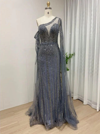 Ships in 1 to 3 Days - 2024 Green One-Shoulder Mermaid Evening Gown - Elegant Beaded Dress with Cape Sleeves for Women’s Wedding Guests and Parties