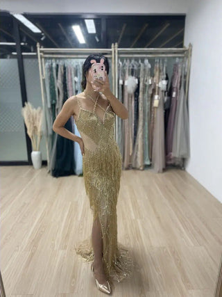 Ships in 1 to 3 Days - Dubai Silver Mermaid Evening Gown 2024 with Gold Beaded Tassel - Luxury Spaghetti Strap Party Dress for Women