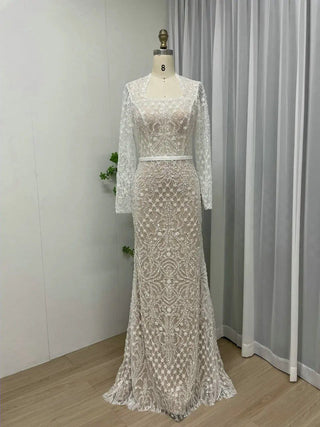 2024 Modest Sheer Long Sleeves Sequined Muslim Evening Gown - Arabic Luxury Mermaid Dress for Wedding Guests and Parties