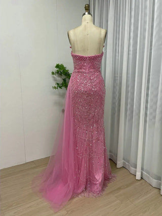 Fuchsia Stunning Strapless Mermaid Evening Dress - Luxury Beaded Sheath Gown with High Slit and Train for Weddings and Prom