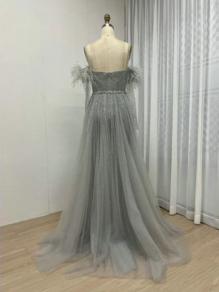 Ships in 1 to 3 Days - Grey Green Strapless Luxury Beaded Evening Dress - Exclusive Mermaid Gown with Gloves for Arabic Weddings and Formal Parties