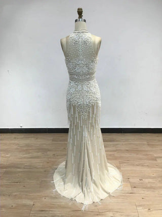 2024 Stunning White Halter Beaded Tassel Mermaid Gown - Sexy High Slit Prom Dress for Women’s Evening Wear