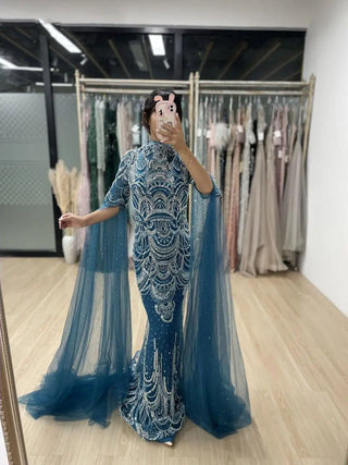 Ships in 1 to 3 Days - 2024 Blue Mermaid Wedding Party Gown - Beaded Lace Cape Sleeves High Neck Tulle Dress for Muslim Formal Occasions