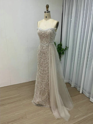 Elegant Mermaid White Evening Gown - Strapless Beaded Wedding Party Dress with Side Train