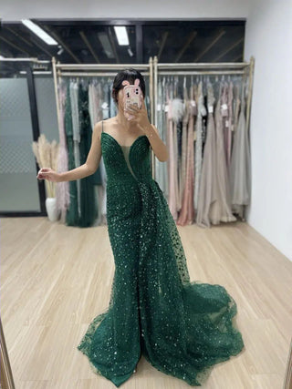 Green Luxury Mermaid High Split Evening Dress - Exclusive Beaded Spaghetti Straps Prom Gown for Women