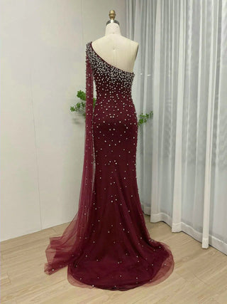 Wine Glitter Mermaid Evening Gown - One-Shoulder Cape Sleeve Formal Dress with Crystal Rhinestones for Women’s Parties