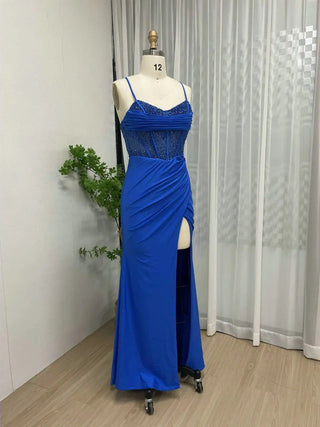 Royal Blue Spaghetti Straps Evening Gown - High Slit Crystal Diamonds Prom Party Dress with Lace-Up Back for Women