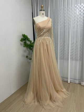 Exclusive Gold A-Line Tulle Evening Dress - One-Shoulder Shiny Sequin Gown for Birthday Parties and Wedding Guests in Dubai