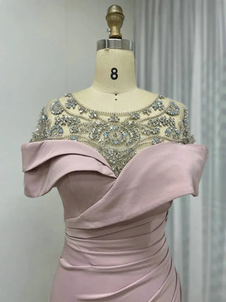 Pink Modest Mermaid O-Neck Satin Evening Gown - Crystal Rhinestones Short Sleeves for Women’s Wedding and Formal Parties