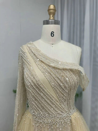 Ships in 1 to 3 Days - Champagne One-Shoulder Long Sleeve Mermaid Evening Gown - Stylish Arabic Luxury Beaded Dress for Special Events