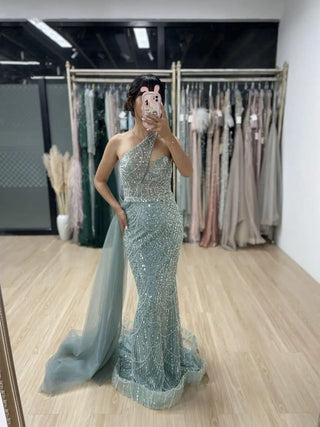 2024 Blue One-Shoulder Mermaid Evening Gown - Gorgeous Crystal Beaded Dress for Women’s Weddings and Prom