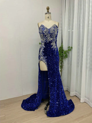 Sexy Strapless Royal Blue Prom Dress - Stunning Front Slit Bodycon Evening Gown with Shiny Sequin and Padded Design for Women