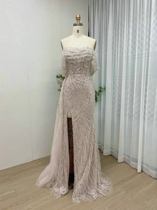 Champagne Off-Shoulder Sequined Mermaid Evening Dress - Elegant Wedding Guest Gown with High Slit for Women’s Parties in Dubai