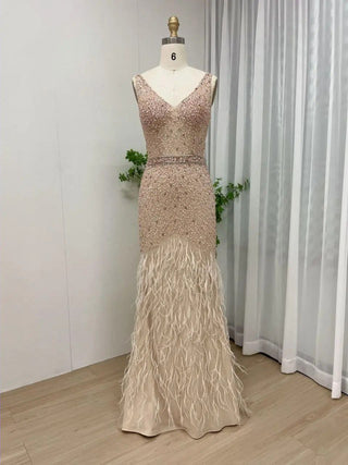 Ships in 1 to 3 Days - 2024 Sexy V-Neck Mermaid Evening Gown - Beaded Feathers Wedding Party Dress with Sleeveless Design for Red Carpet Events